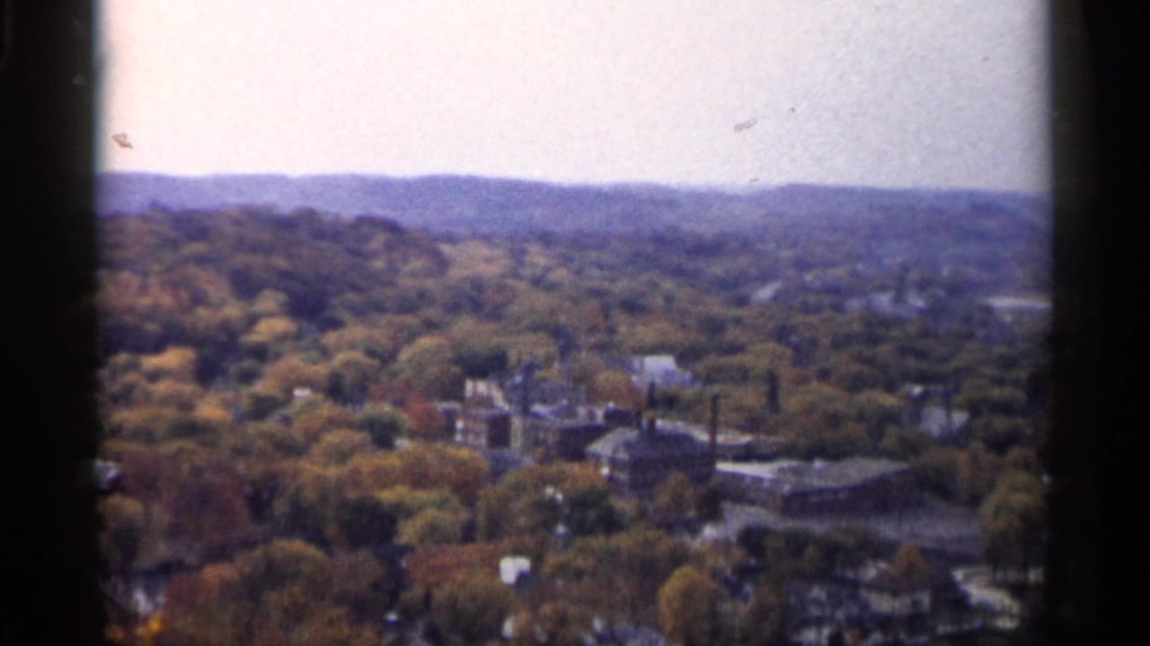 Aerial view of wooded town area with buildings, hills, and pale sky.