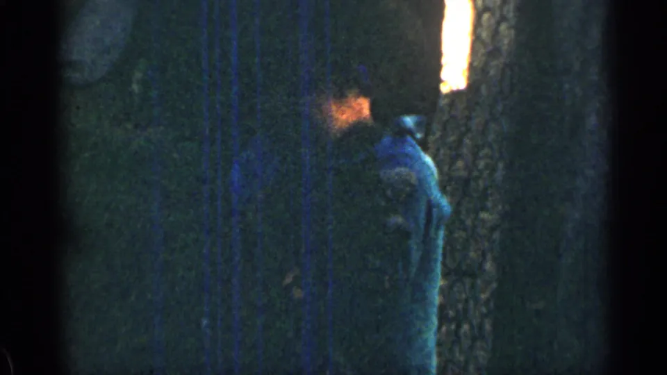 The closing 1963 Colorado frame shows the child facing right with the puppy held at chest height near a bright tree trunk.