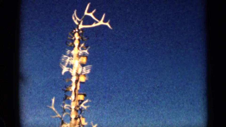 1963 Colorado 8mm frame looking up at the antler-covered tower, emphasizing its height and handmade details.