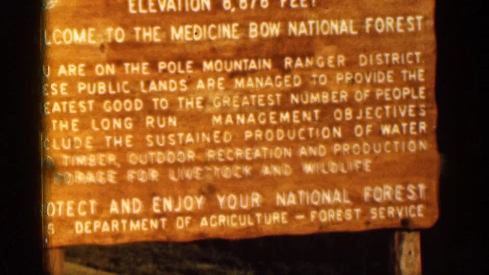Soft 8mm frame of the right side of the Medicine Bow National Forest Summit Overlook sign, with management-objective text and sign edges visible.