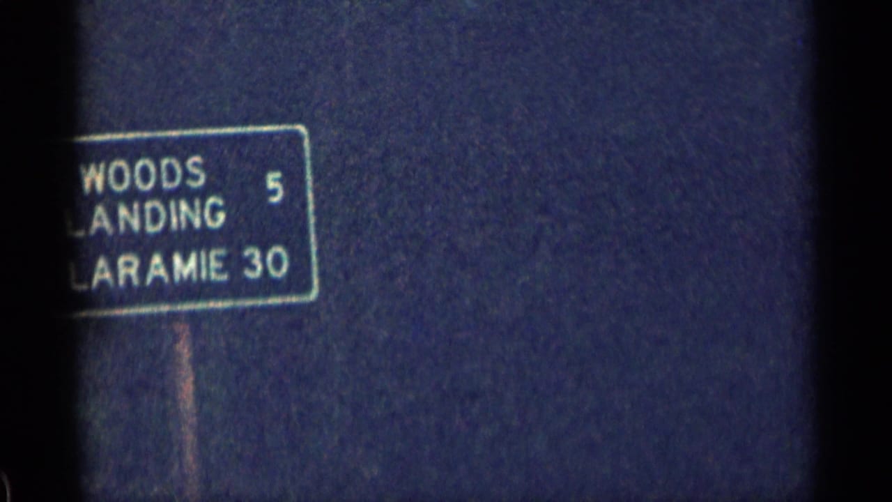 Green sign reading Woods Landing and Laramie with distances against a dark wooded background.