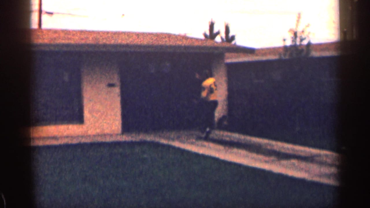 Person in a yellow shirt walks beside a flat-roof house and driveway.