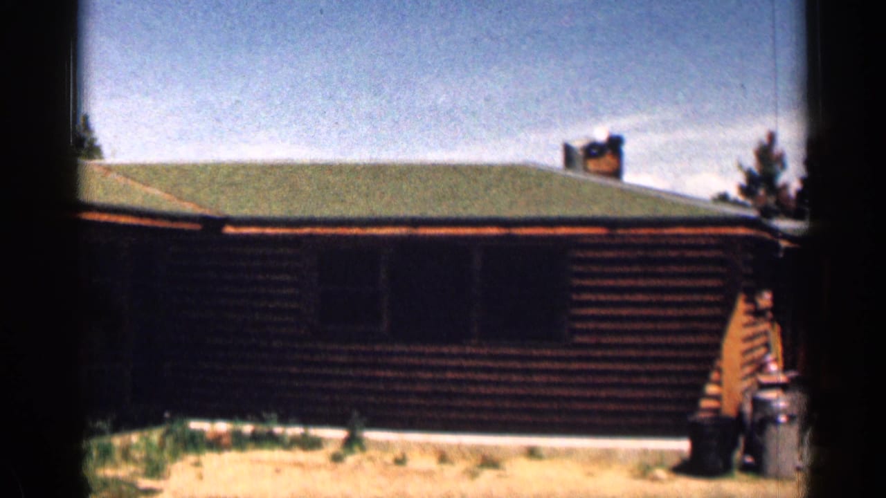 Log cabin exterior with green roof, blue sky, and dark film borders.