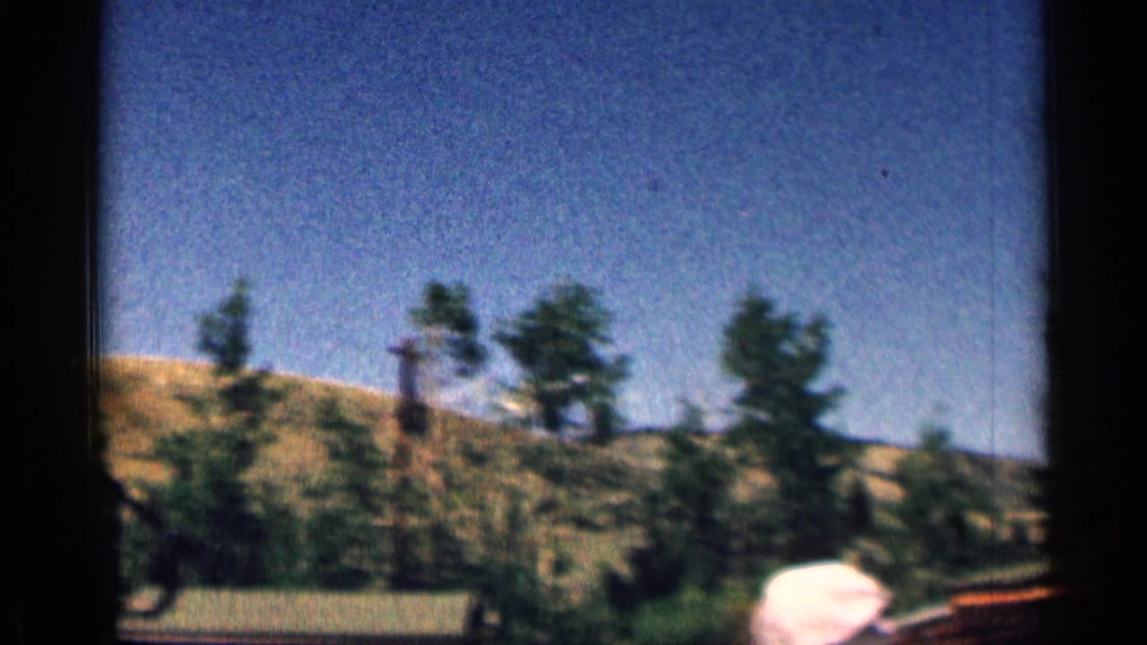 Colorado mountain view with evergreens, dry hillside, cabin roofline, and a cropped visitor in a pale hat at the bottom edge.