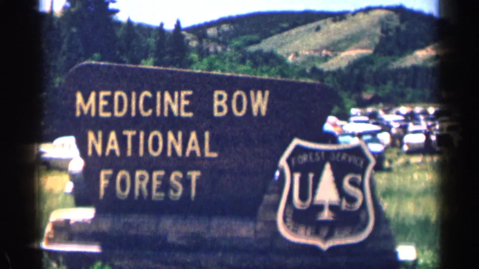 Close 1963 view of the Medicine Bow National Forest sign, U.S. Forest Service emblem, parked cars, grass, and rolling wooded hills.