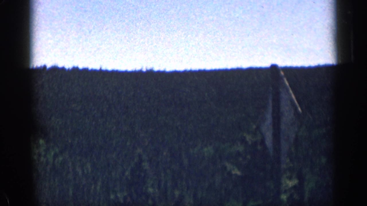Forested mountain ridge with bright sky and dark frame edges.