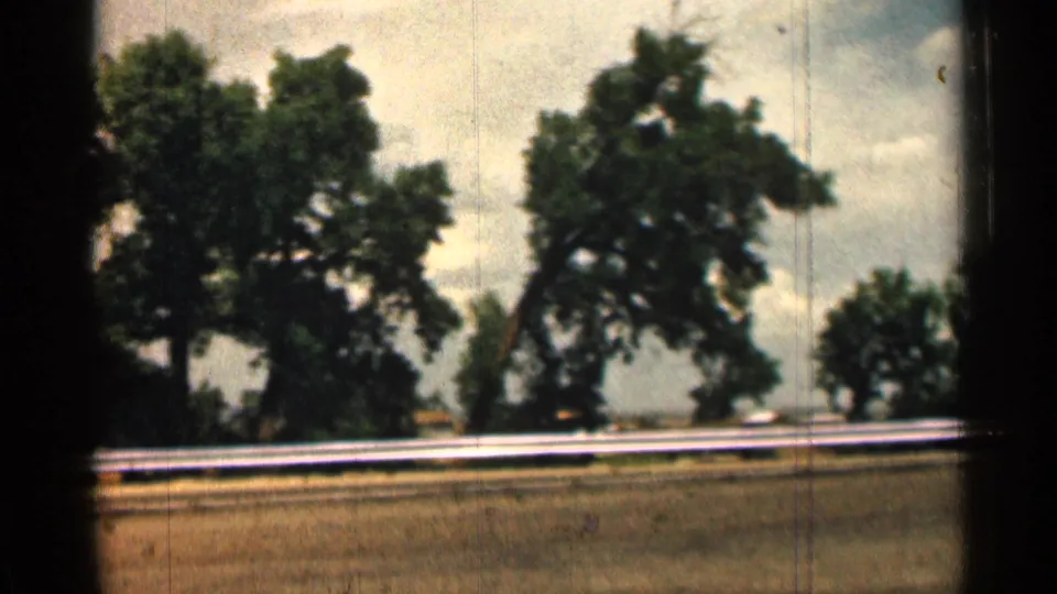 Colorado home-movie frame from 1963 showing large roadside trees, a guardrail, dry grass, and muted sky during a drive.