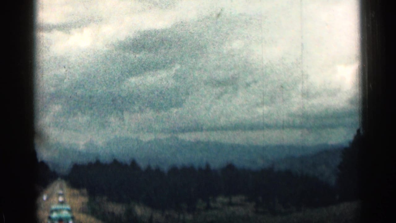 Moving road view with dark tree line, cloudy sky, and a small car on the highway.