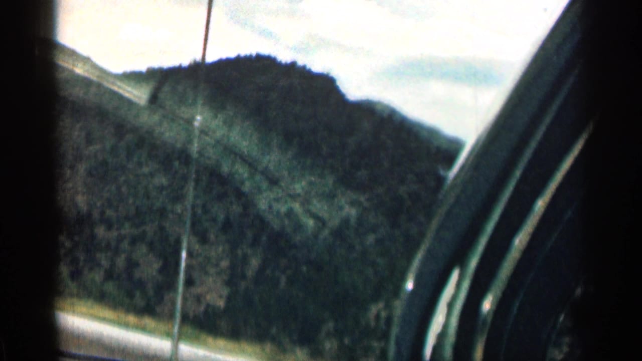 A soft 8mm view of Colorado mountain forest and sky, partially framed by the interior of a moving vehicle.