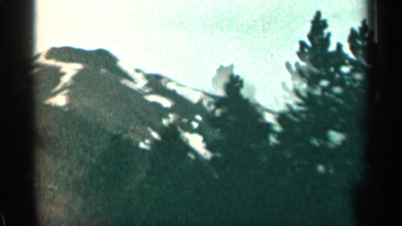 1963 Colorado 8mm frame showing a snow-streaked mountain slope with evergreen trees and soft film focus.