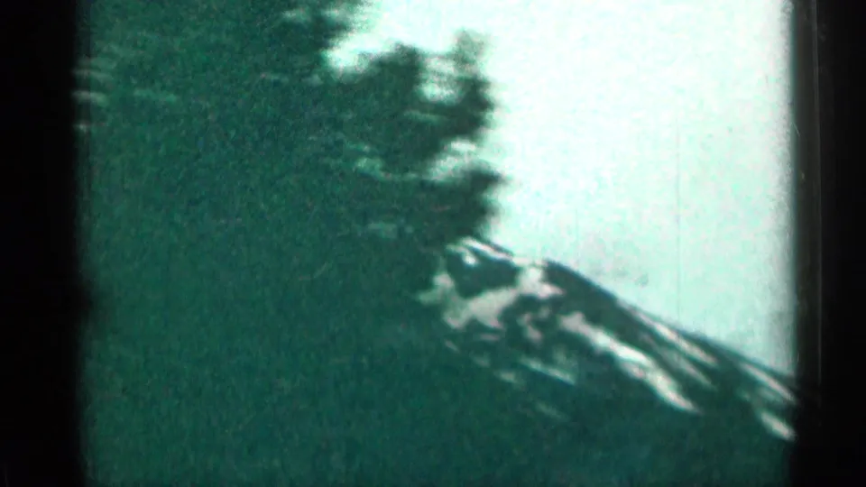 Soft 8mm Colorado frame showing a dark evergreen foreground against a snow-streaked mountain slope.