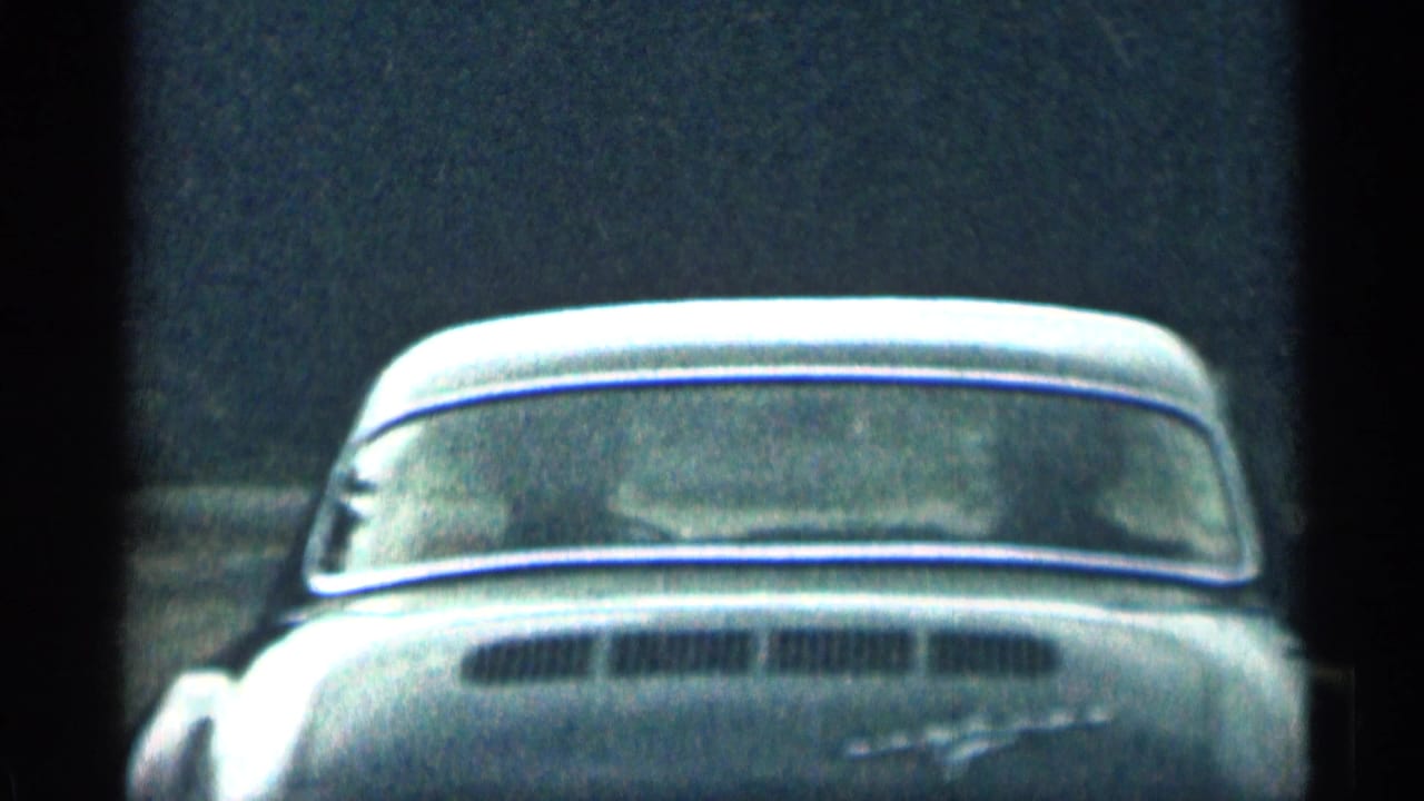 Rear of a pale vintage sedan seen close up against a dark roadside background.