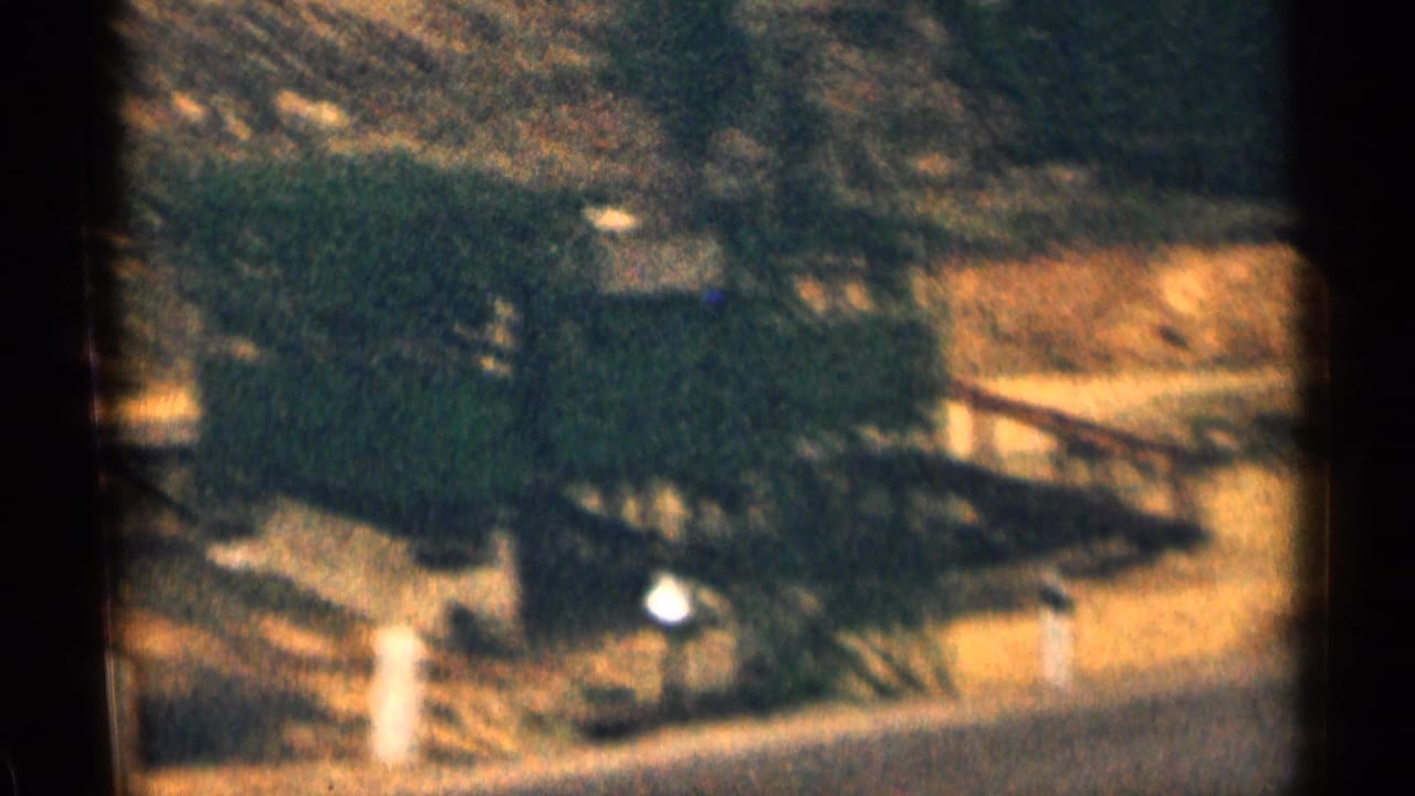 1963 Colorado 8mm frame showing a wooded mountain slope with a pale road or clearing and a small roadside form in soft focus.