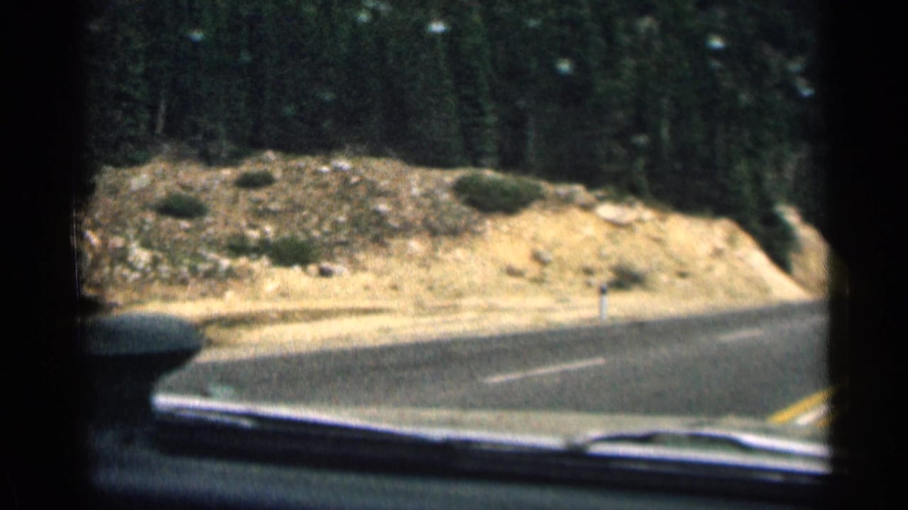 Windshield view from a moving car in Colorado, with a paved road curving past a rocky hillside and dense evergreens.