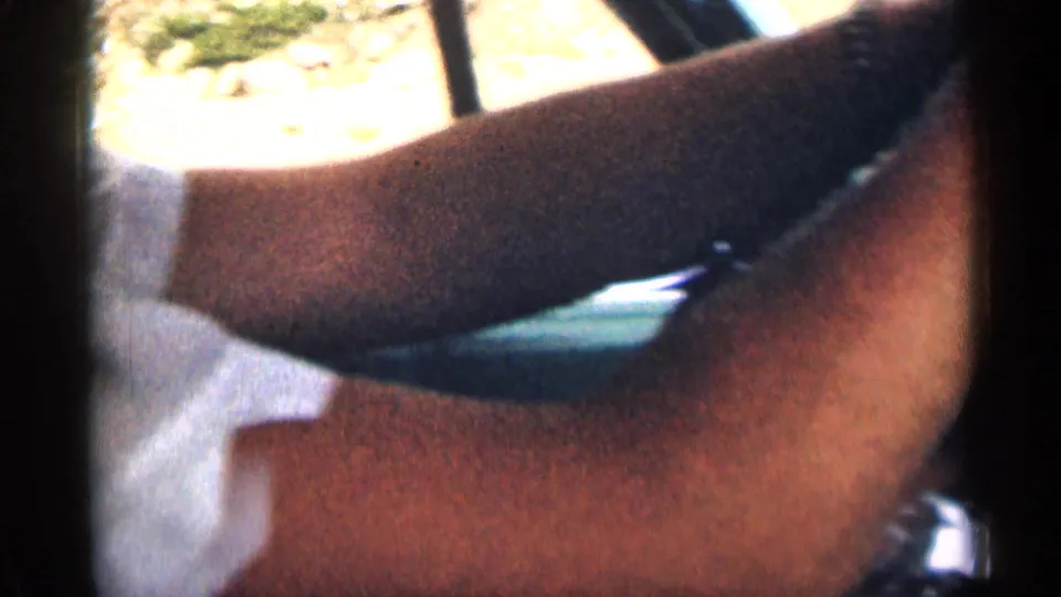 Close interior view from the moving car, showing an adult passenger arm near the window with sunlit Colorado roadside terrain outside.