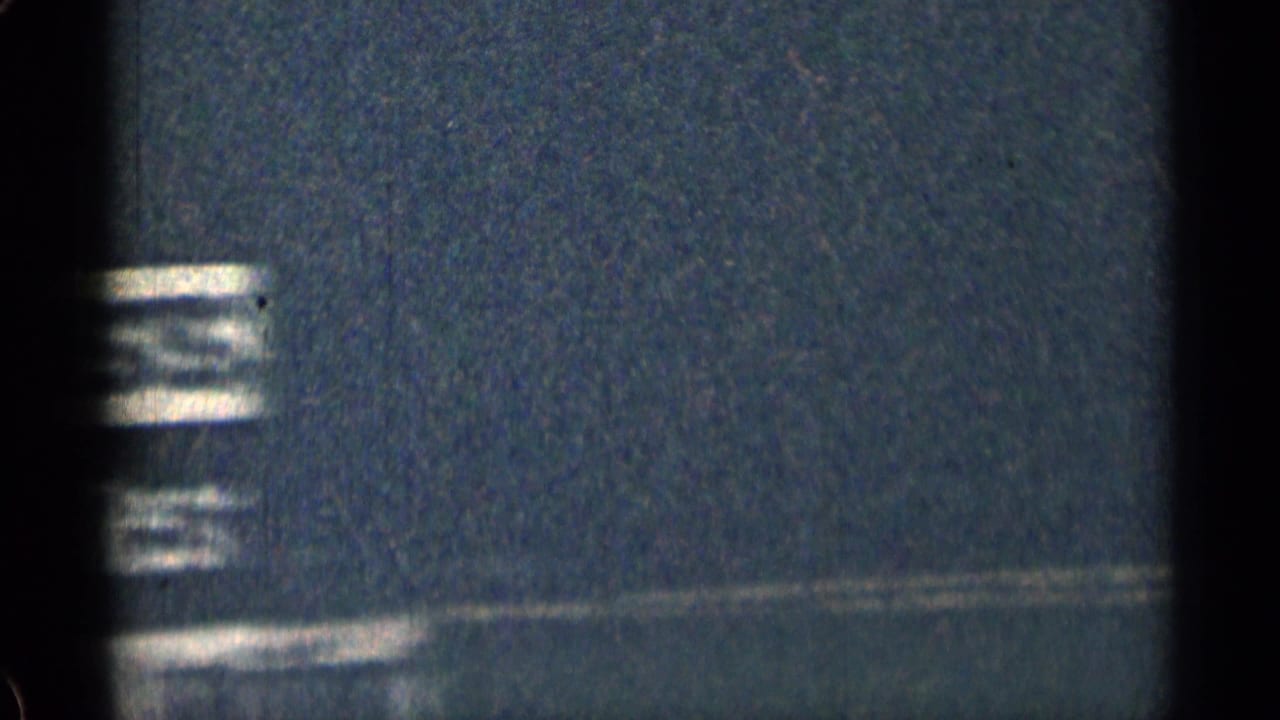 Dark, grainy road scene with blurred roadside shapes and film gate edges.