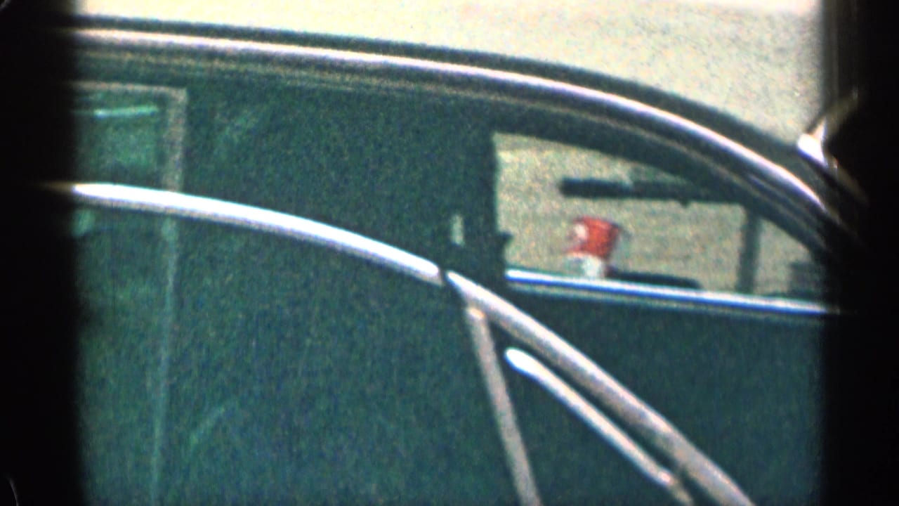 Side view of a dark car door and window with chrome trim and a pale roof.