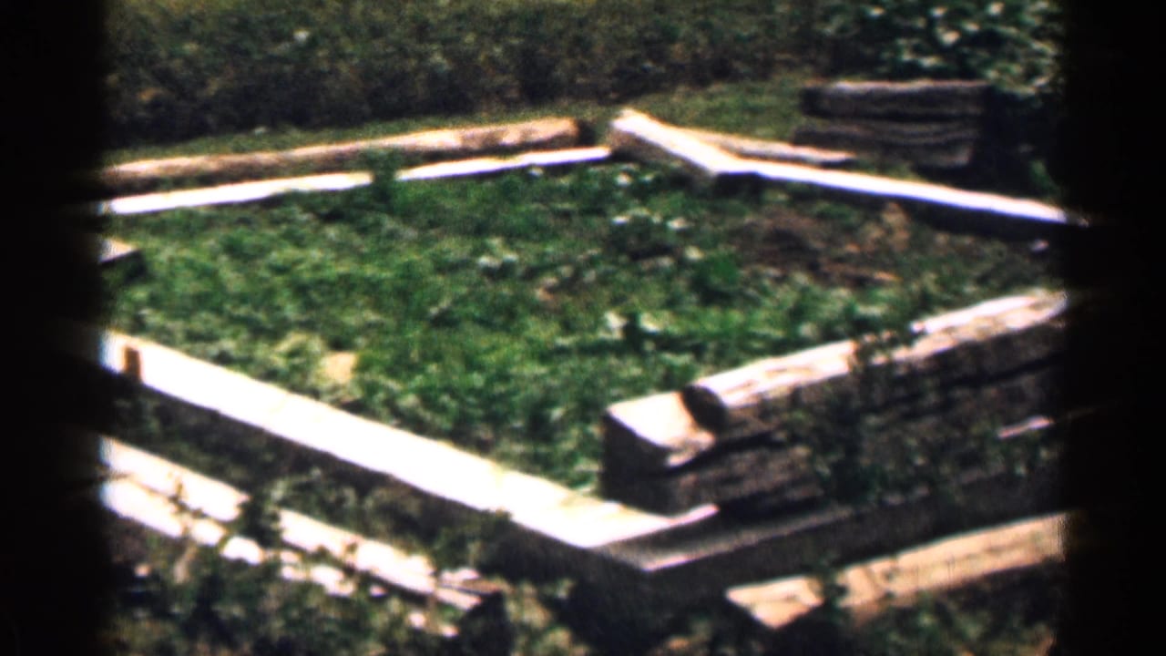 1963 Colorado yard view with grass, white-painted planks, stacked stone pieces, shrubs, and soft 8mm home-movie focus.