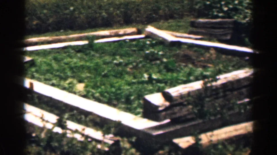 1963 Colorado yard view with grass, white-painted planks, stacked stone pieces, shrubs, and soft 8mm home-movie focus.
