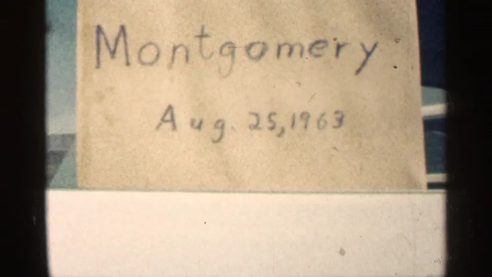 Handwritten label for Montgomery, Minnesota, dated Aug. 25, 1963, partly cropped within an 8mm contact-sheet frame.