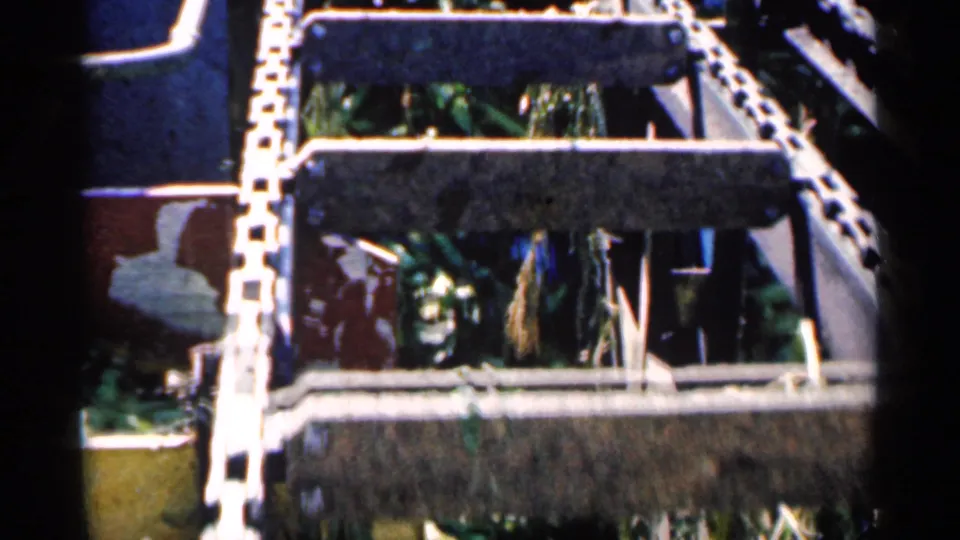 1963 Montgomery, Minnesota 8mm frame showing a close-up of corn processing equipment with white chain drives and green husks in shadowed metal bins.
