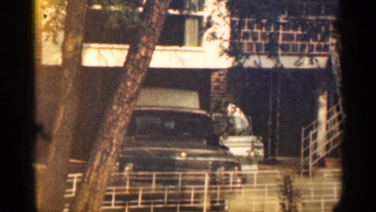 Dark sedan parked outside a brick building with its trunk open and a person standing nearby.