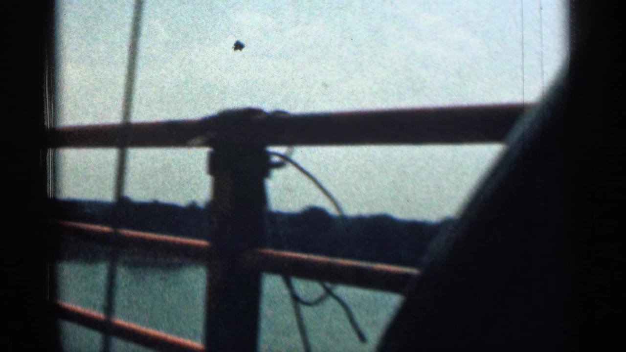 Bridge railing and vehicle-window frame over a wide river and distant shoreline.