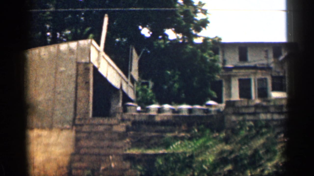 Residential exterior with stone wall, trees, and a house in the background.
