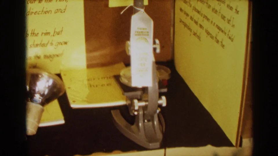 Close view of the science fair exhibit with microscope hardware, a premium tag, and handwritten project text on yellowed paper.