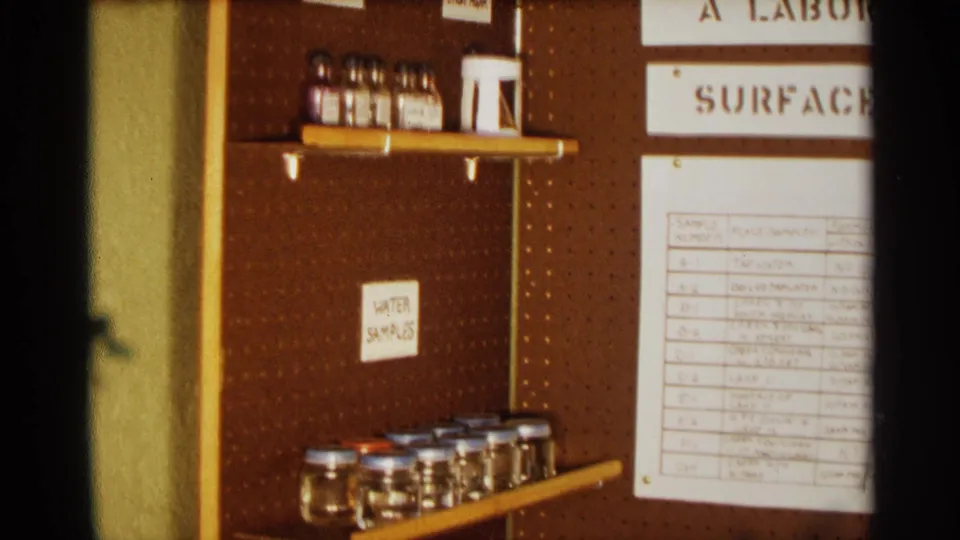 1963 Texas 8mm frame showing a pegboard science display with water sample jars, small shelves, and pinned handwritten charts.