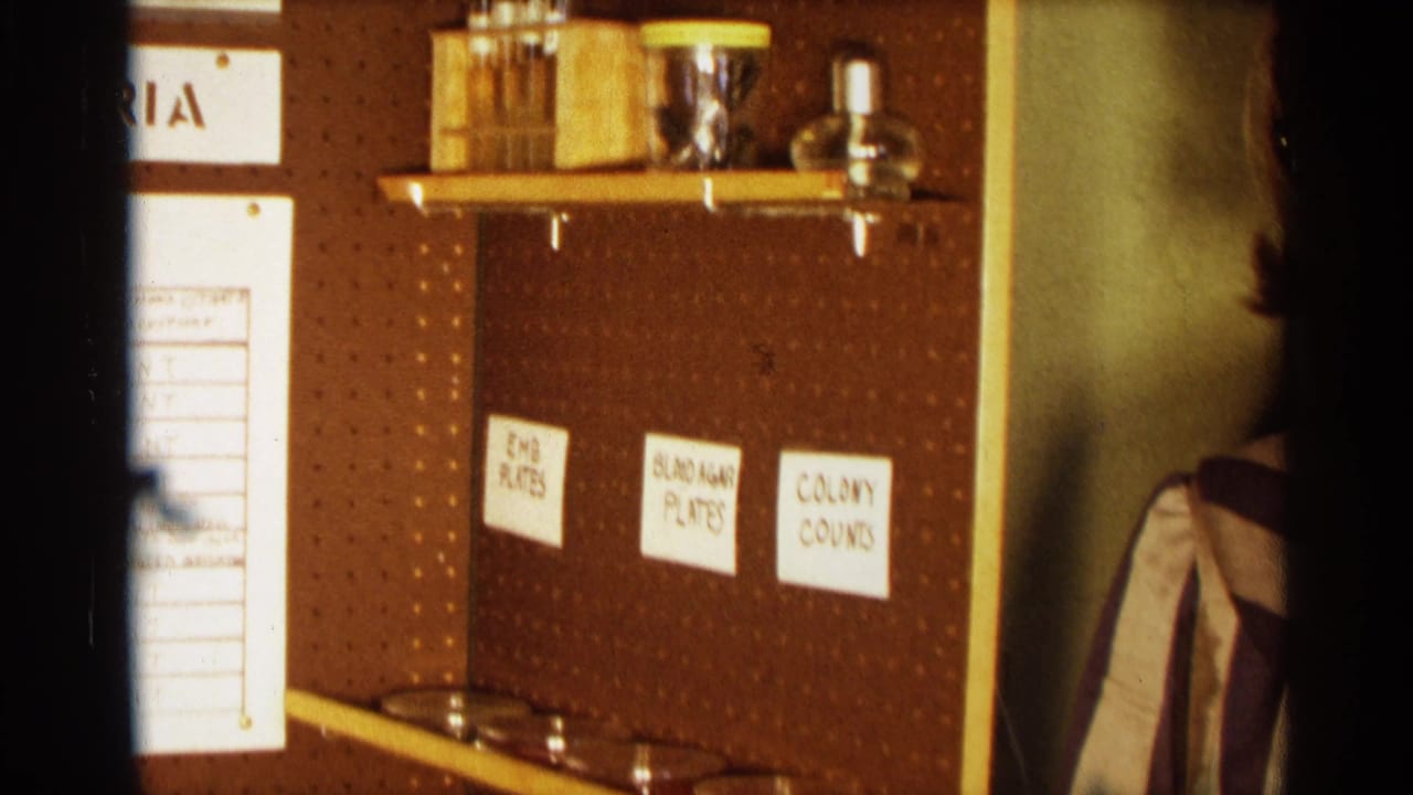 1963 Texas 8mm frame showing a science fair pegboard display with petri dish labels and shelves of lab containers.