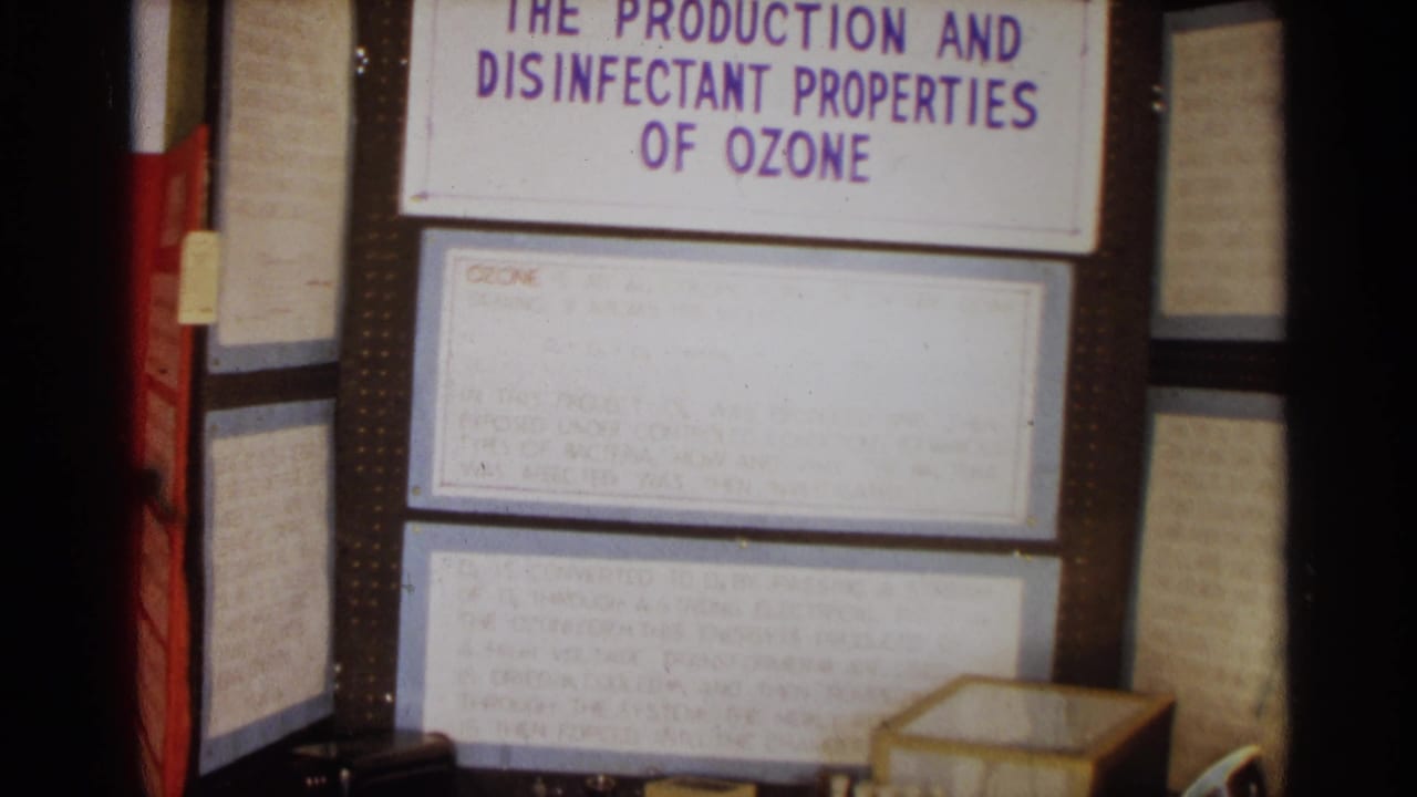 Poster title about the production and disinfectant properties of ozone above display equipment.