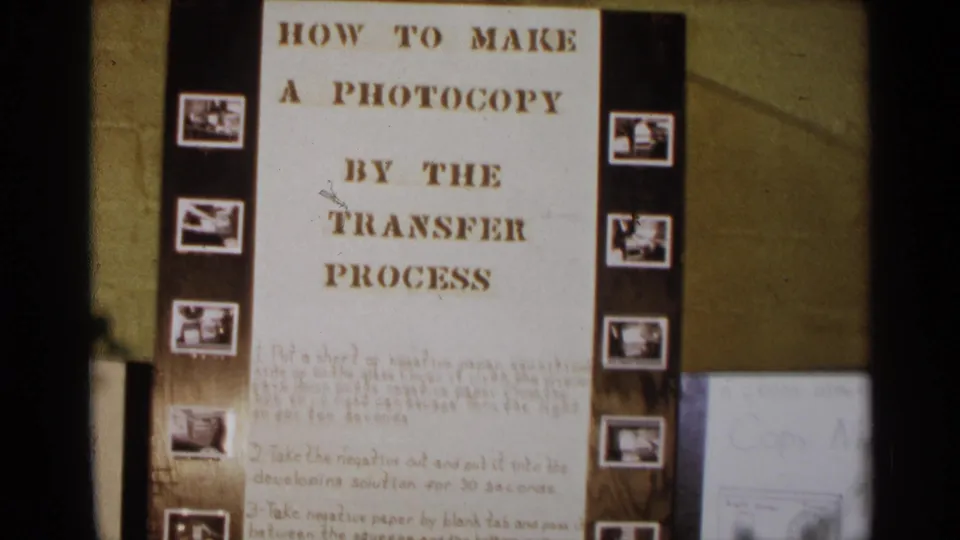 1963 Texas frame with a larger view of the photocopy transfer process instructions and small process photos on the board.