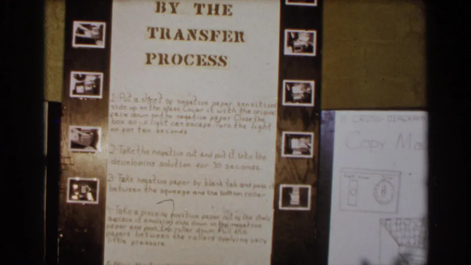 1963 Texas 8mm frame showing the lower half of the photocopy transfer placard with handwritten numbered steps.