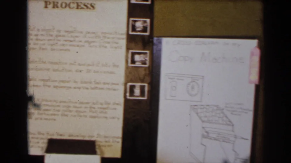 1963 Texas frame showing the instruction placard next to a hand-drawn diagram labeled for a copy machine.