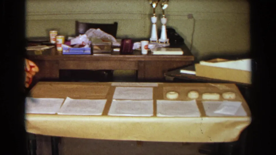 1963 Texas home-movie frame of a tabletop arrangement with papers, small white objects, and a cluttered desk behind.