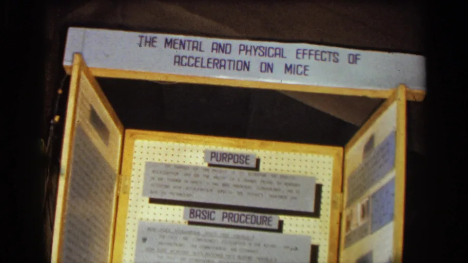 Texas 1963 home-movie frame of a pegboard science display with purpose and basic procedure labels for a mouse acceleration project.