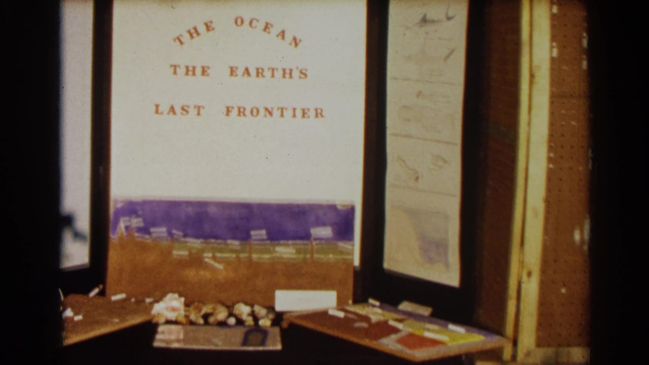 School science fair display titled The Ocean The Earth's Last Frontier with shells and labels on a table.