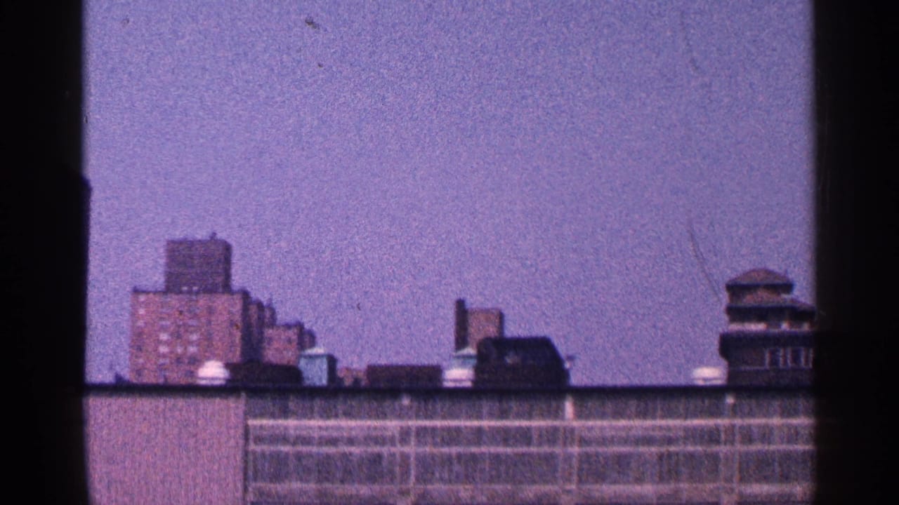Purple-tinted rooftop view with brick apartment buildings and roof structures under a muted sky.