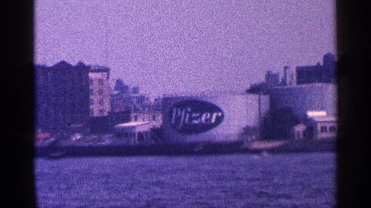 Waterfront buildings with a large Pfizer sign seen across the water.