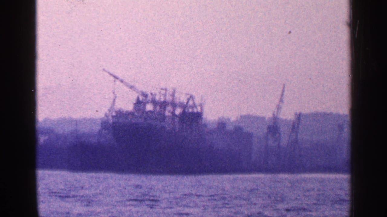 Distant docked ship and cranes across New York harbor water.