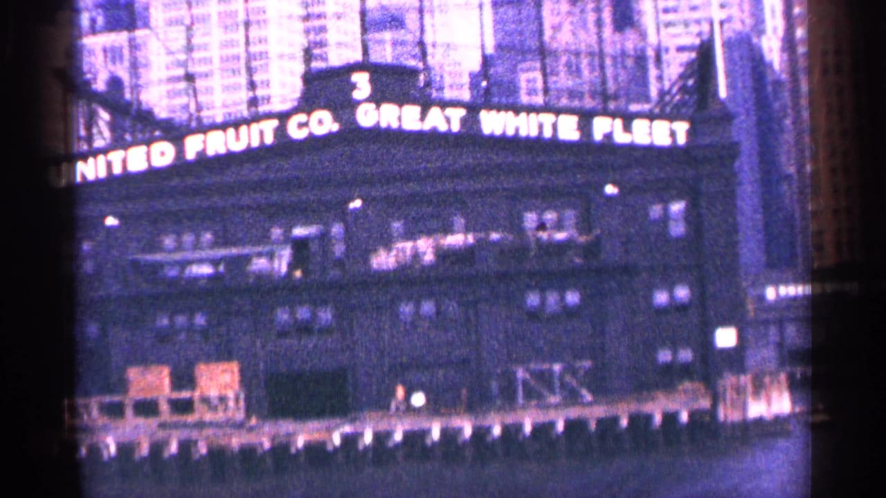 Lit United Fruit Co. Great White Fleet sign on a waterfront building at night.