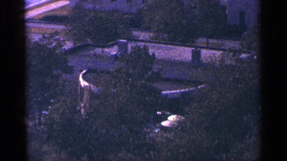 Soft 8mm frame from the New York City clip showing a shaded park-like area with trees, grass, and a curved low structure.