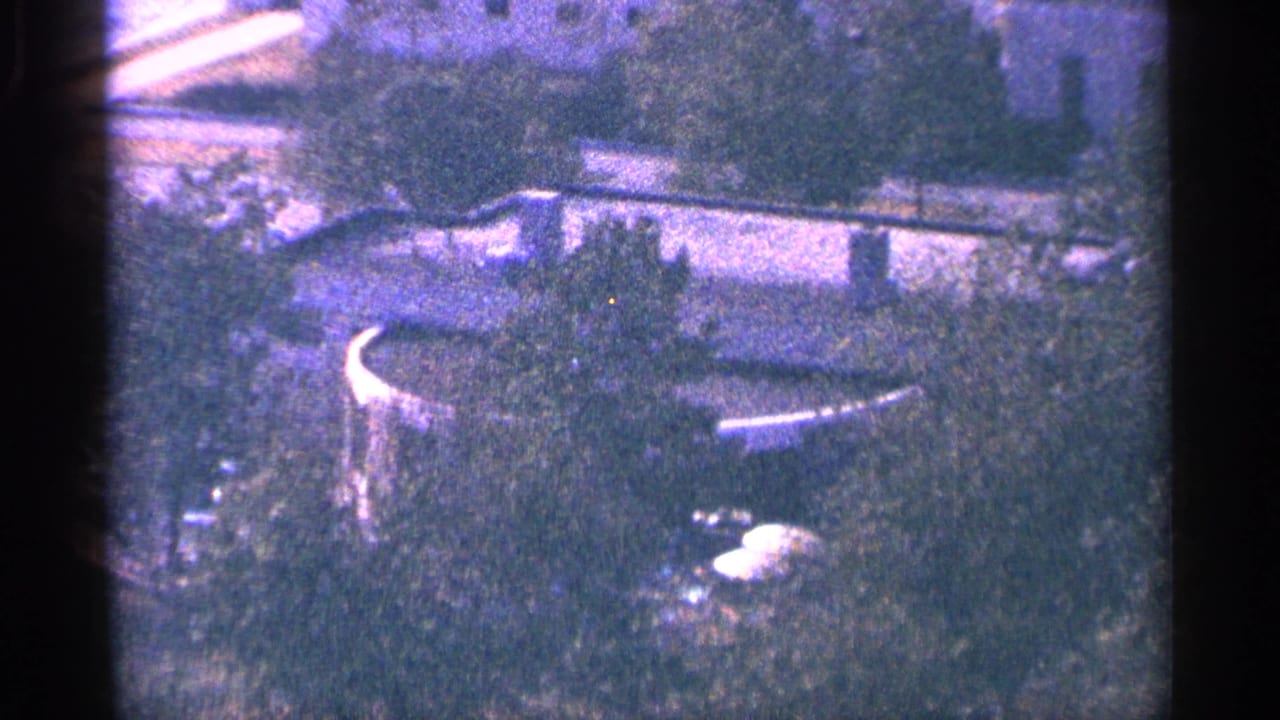 Soft, grainy view of a curved outdoor structure and vegetation near water or a waterfront edge.