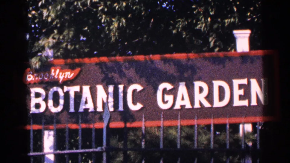 1964 New York City home-movie frame showing the Brooklyn Botanic Garden sign with white lettering, red trim, trees, and an iron fence.