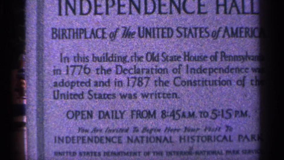 Tight 8mm frame of the Independence Hall marker with the title partly cropped and the National Historical Park line visible near the bottom.