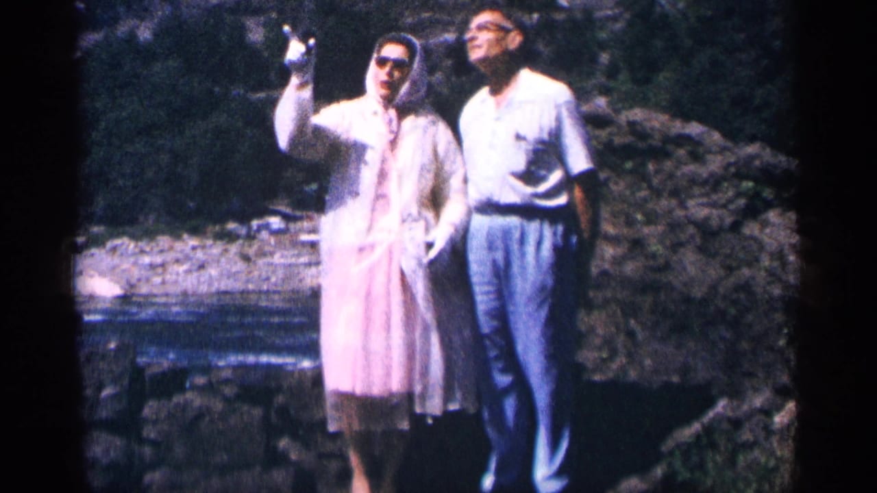 Woman in a light raincoat gestures upward while standing beside a man near the water.