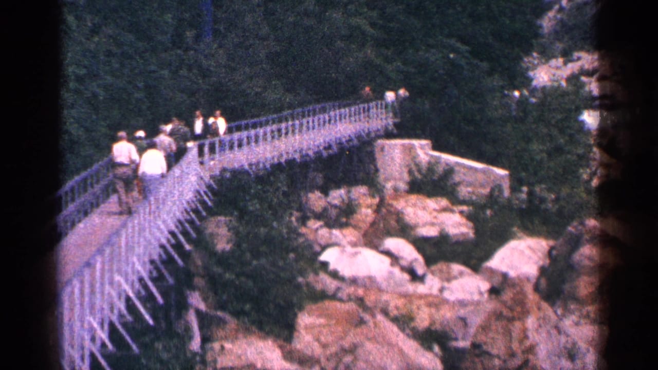 Pedestrians cross a narrow bridge above rocky whitewater and wooded banks.