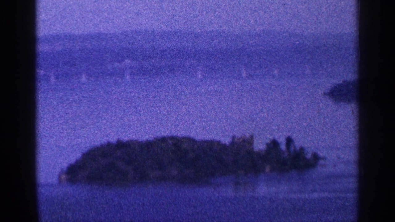 1964 8mm frame near Niagara Falls, Canada, showing a small wooded island across purple-shifted water with a soft far shoreline.