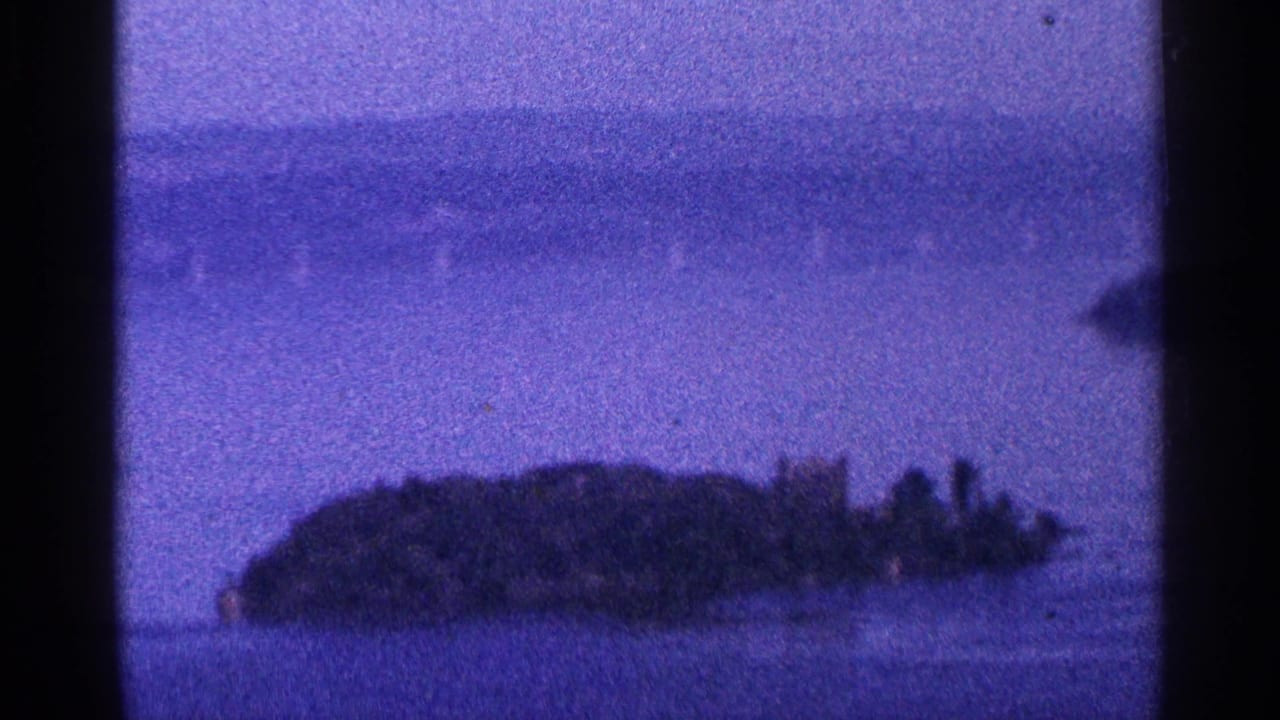 Small dark island in purple water with a hazy shoreline behind it.